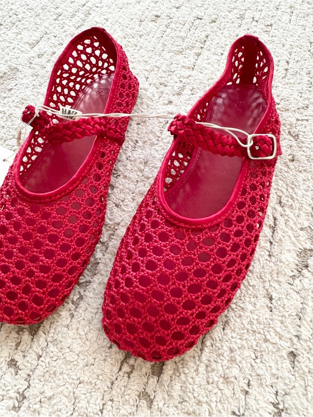 ZARA Red Crochet Mary Jane Shoes with Braided Strap